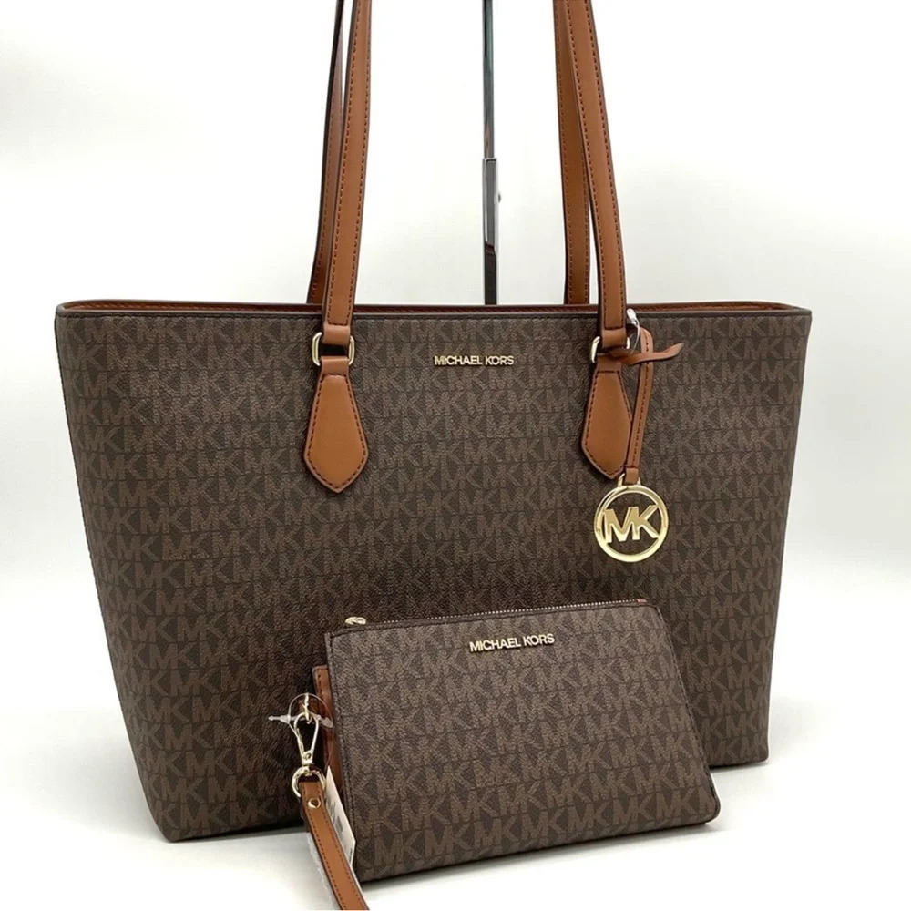 Michael Kors Bag Large Sheila Mf Tote Bag & Large Double Zip Wallet Brown/Gold - Picture 2 of 14